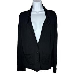 BCBG Max Azria Women's Sz L Black Jersey Knit Cardigan w/ Crochet Pockets (1586)